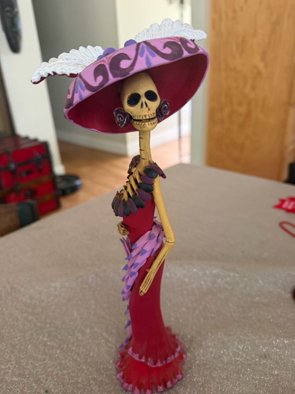 Handmade Clay Day of the Dead Señorita   in Pink and Purple Hat